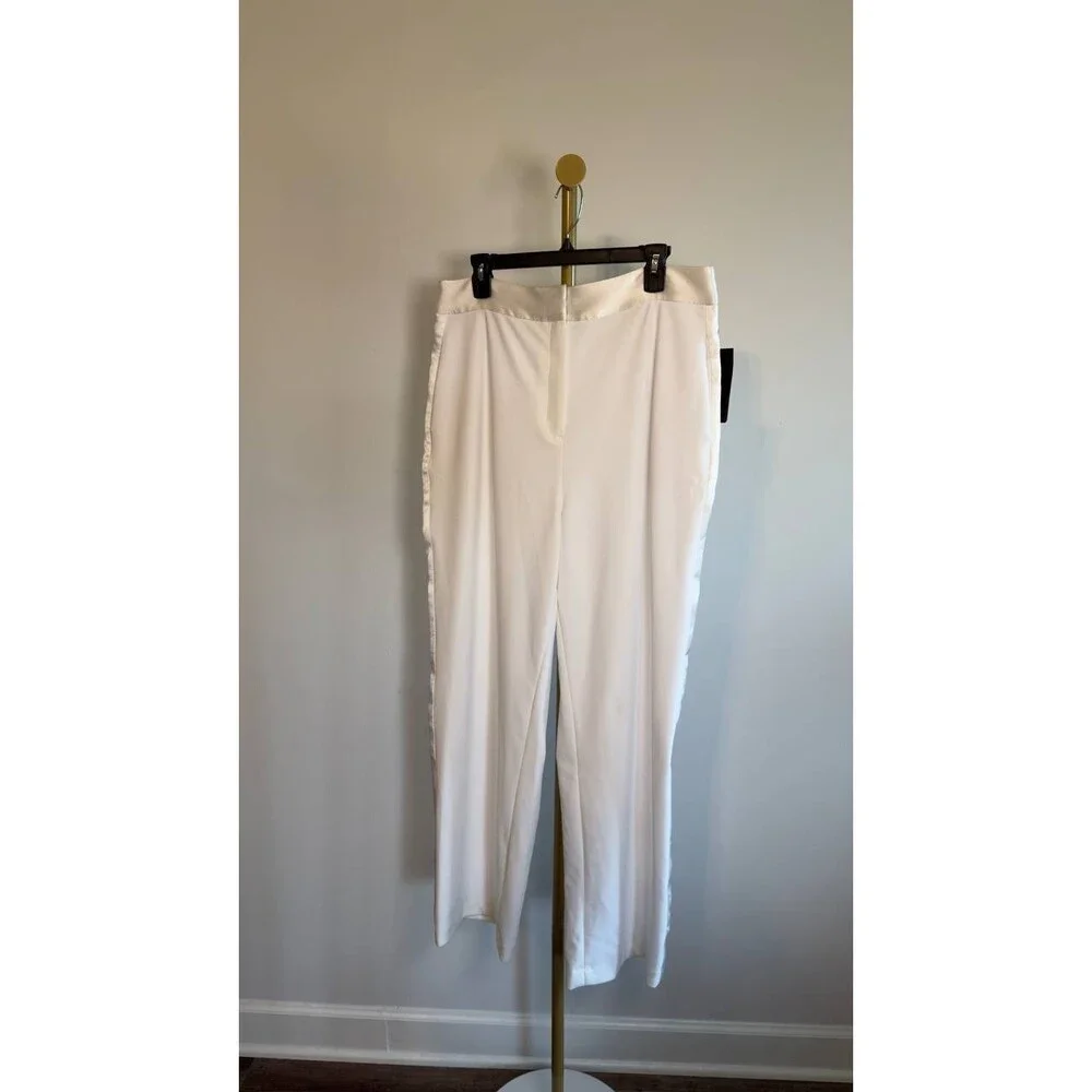 Muse Satin-Trim Straight-Leg Pants Ivory 14 NWT $99
